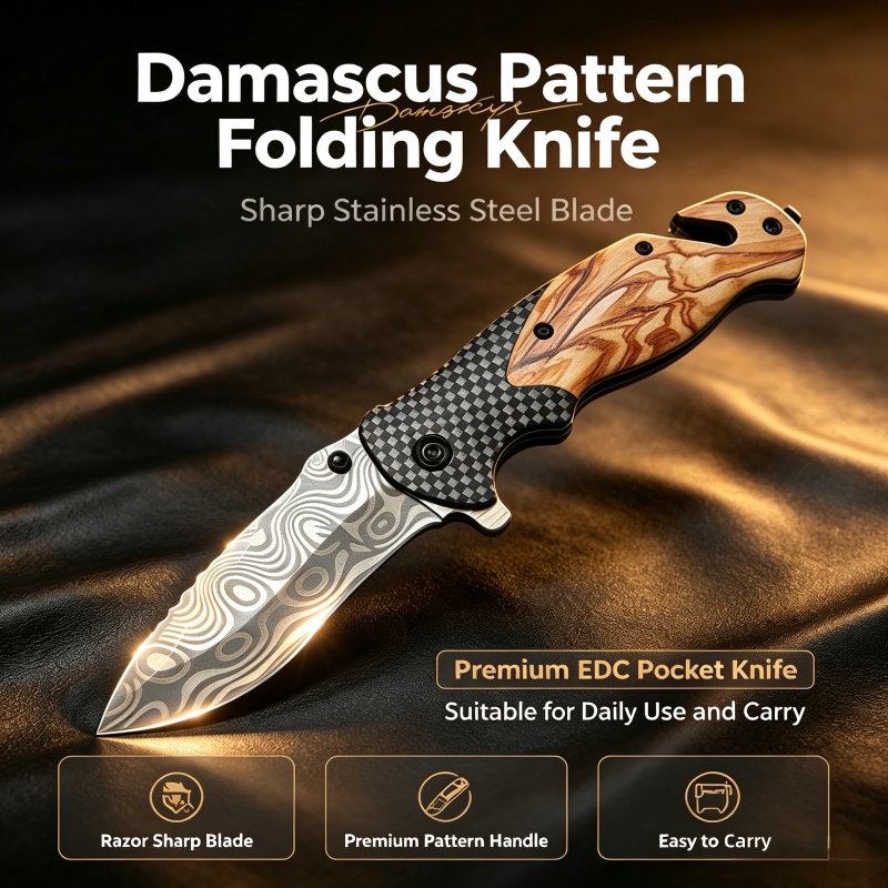 ダマスカス模様折りたたみナイフ、鋭利なステンレス鋼の刃、プレ - Edc Daily Carry のレビューと価格